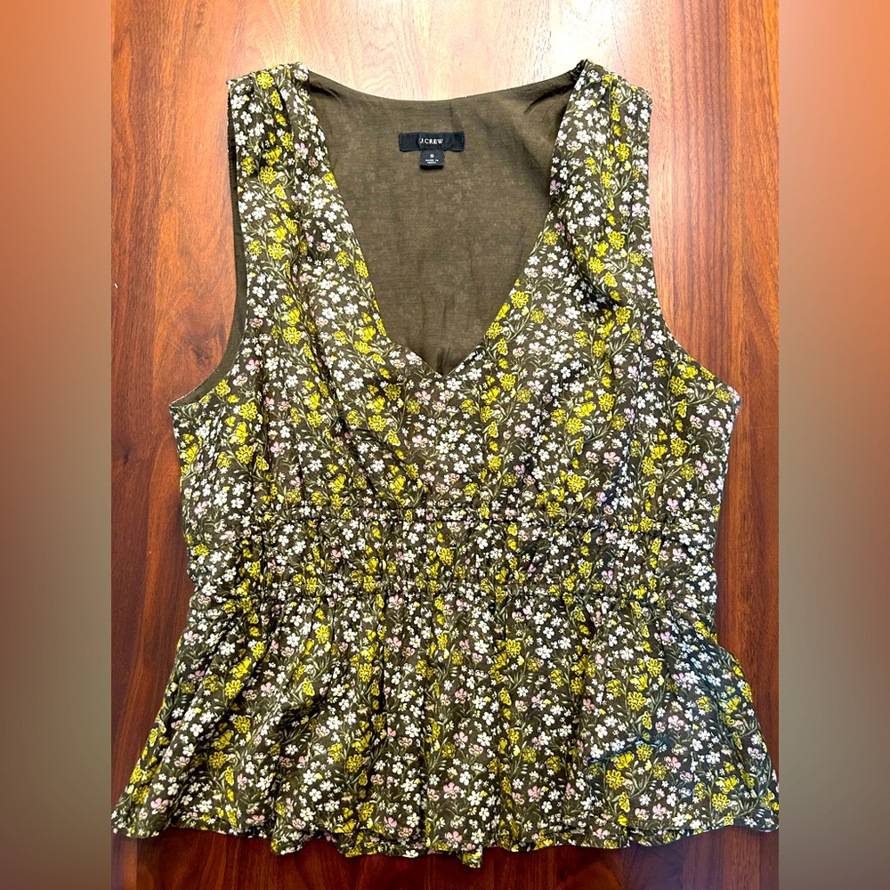J Crew Womens V Neck Cotton Voile Top Sleeveless Green Floral Small S